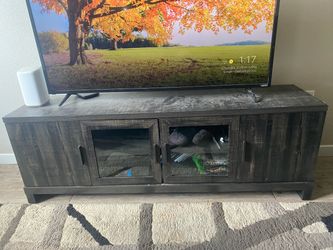 Dark Gray Wood TV Stand with Glass Doors