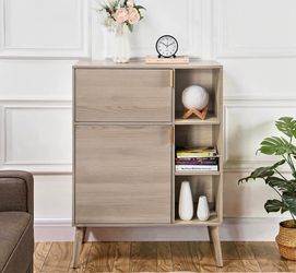 Mid-Century Modern Storage Cabinet | Natural Wood | Gold Handles | Open Shelves