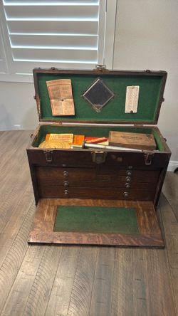 Vintage seven drawer machinist toolbox set with antique tools.  1960’s Era