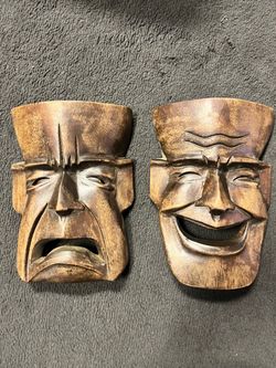 Vintagew Matching Hand-Carved Wooden Laughing & Crying Theater Masks – 8” Wall Art Pair