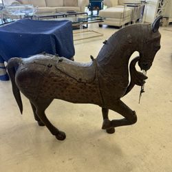 19th Century Antique Indian Large Carved and Brass Fitted Horse, 35Hx36x9 (Value Over $3500)
