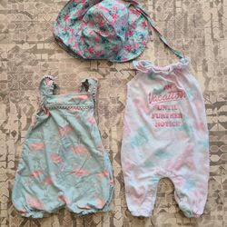 3 Piece Set of 12M Girl's Snapbutton Bodysuits and a SPF 50+ Hat