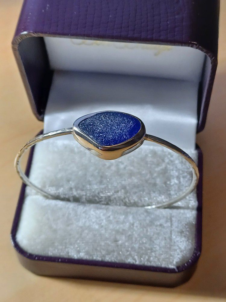 Sterling Silver Cobalt Blue Seaglass Bangle Bracelet 