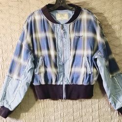 Kimes Ranch L Denim Plaid Patchwork Western Bomber Jacket