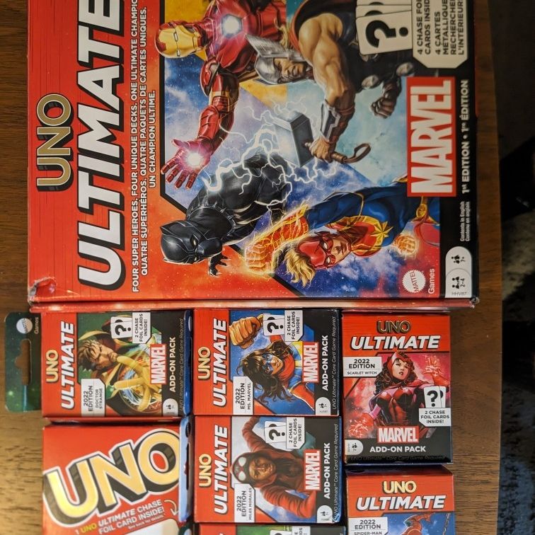 Uno Ultimate With 6 Marvel Addon Packs And 2 Decks Of Original Uno