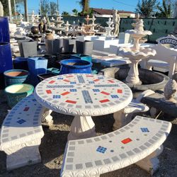 Concrete Stone Mosaic Picnic Table with 3 Benches/ Outdoor Patio Furniture