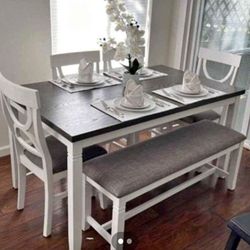✅️ ✅️(6 pc white & grey finish wood dining table set grey padded seat chairs and bench✅️