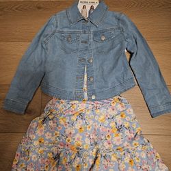 BCBG Girls Dress Size 7/8 With Denim Jacket Blue With Floral Print 