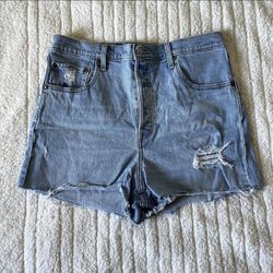 Levi’s Premium Ribcage Shorts Light Medium Wash Distressed High Rise Cut Off