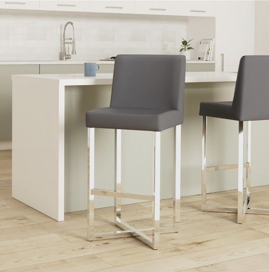 Pair Of Gray Faux Leather Bar Height Bar Stool Chairs With Chrome Base