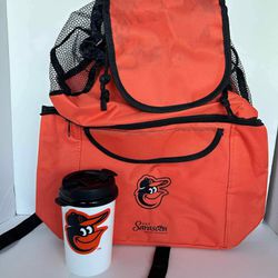 Baltimore Orioles Bookbag Orange Visit Sarasota Insulated Backpack and Lidded Cup