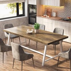 71in Rectangular Wood Dining Table for 8, Metal Frame (Oak & White)