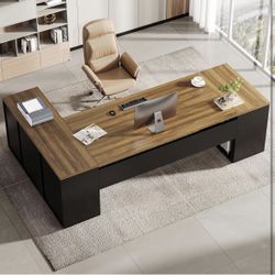 Tribesigns 85.8-Inch L-Shaped Executive Desk, Extra Large Modern Office Desk with File Drawers, Door Cabinet & Shelves, Commercial Office Table, Home 