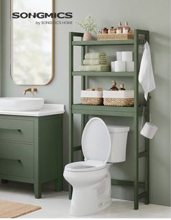 Over The Toilet Storage, 3-Tier Over Toilet Bathroom Organizer with Adjustable Shelf, 10.2 x 24.8 x 66.9 Inches, Space-Saving, Forest Green UBTS001C01