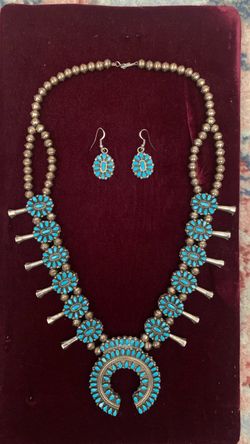 Vintage Turquoise Squash Blossom Necklace and Earring Set