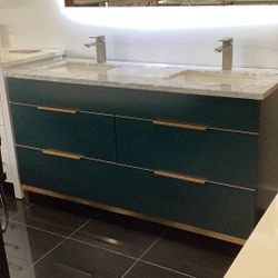 Brand new 60” vanity, green gold, stone top, solid wood, available for pick up.
