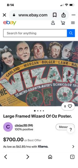 Wizard of Oz Poster $500.00 CASH. TEXT FOR PRICES.
