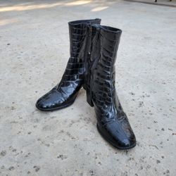 Charles David Black Vintage 90s Patent Leather Embossed Mid-calf Square Toe Heel Boots/Booties Regular
