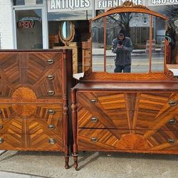 Art Deco Starburst Dresser and Mirror Bedroom Set

