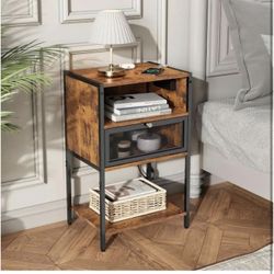 Bedside Table Nightstand with Charging Station, Bedside Tables with 3 Tiers Storage Space and Door, End Tables with USB Ports and Outl Bedside Drawer 