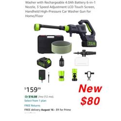 New Cordless Pressure Washer, 970PSI Portable Power Washer with Rechargeable 4.0Ah Battery 6-in-1 Nozzle, 3 Speed Adjustment LCD Touch Screen,$80