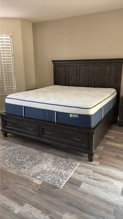 King Size Bed and Mattress Dark Wood