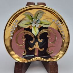 Vtg Italian Lavender Purple Glass Gold Hand Painted Floral Trinket Dish Bohemian