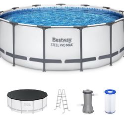 Bestway Steel Pro MAX 13 Foot x 48 Inch Round Metal Frame Above Ground Outdoor Swimming Pool Set with 1,000 Filter Pump, Ladder, and Cover