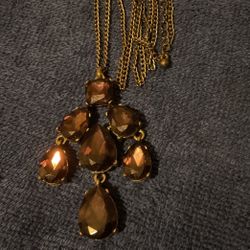 30” Bronze Colored Necklace With Pendant W/ Purple Teardrop Shaped Rhinestones 