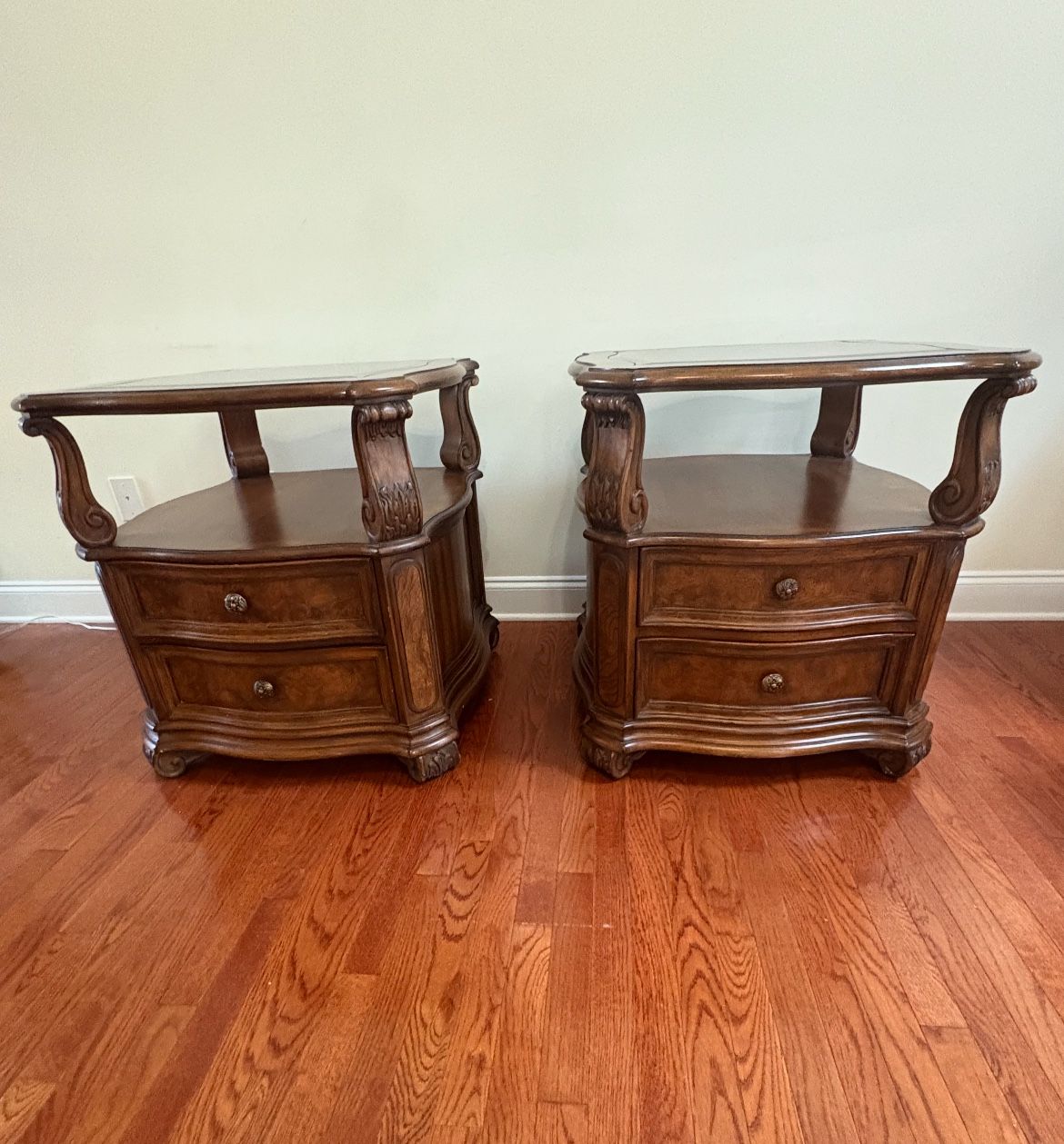 Two Elegant Wooden End Tables with Glass Inlays