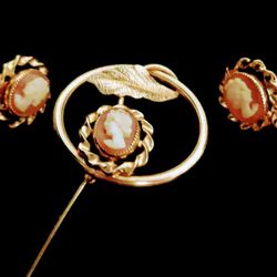 Beautiful Cameo PIN And Matching 14kt Gold Filled Earrings Stamped 14kt G. F. AMCO