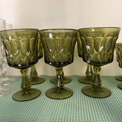 Vintage green glass water and wine goblets