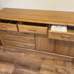 Solid Oak Heavy Wood Wide Bedroom Dresser With Drawers & Doors