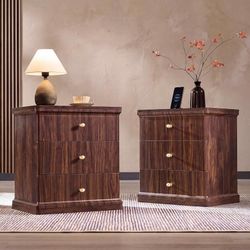 23.6" Tall Modern Nightstand Set of 2, Wood Bedside Table, Brown Large Mid Century Night Stand with Charging Station, Open Shelf, 3 Drawers, Metal Han