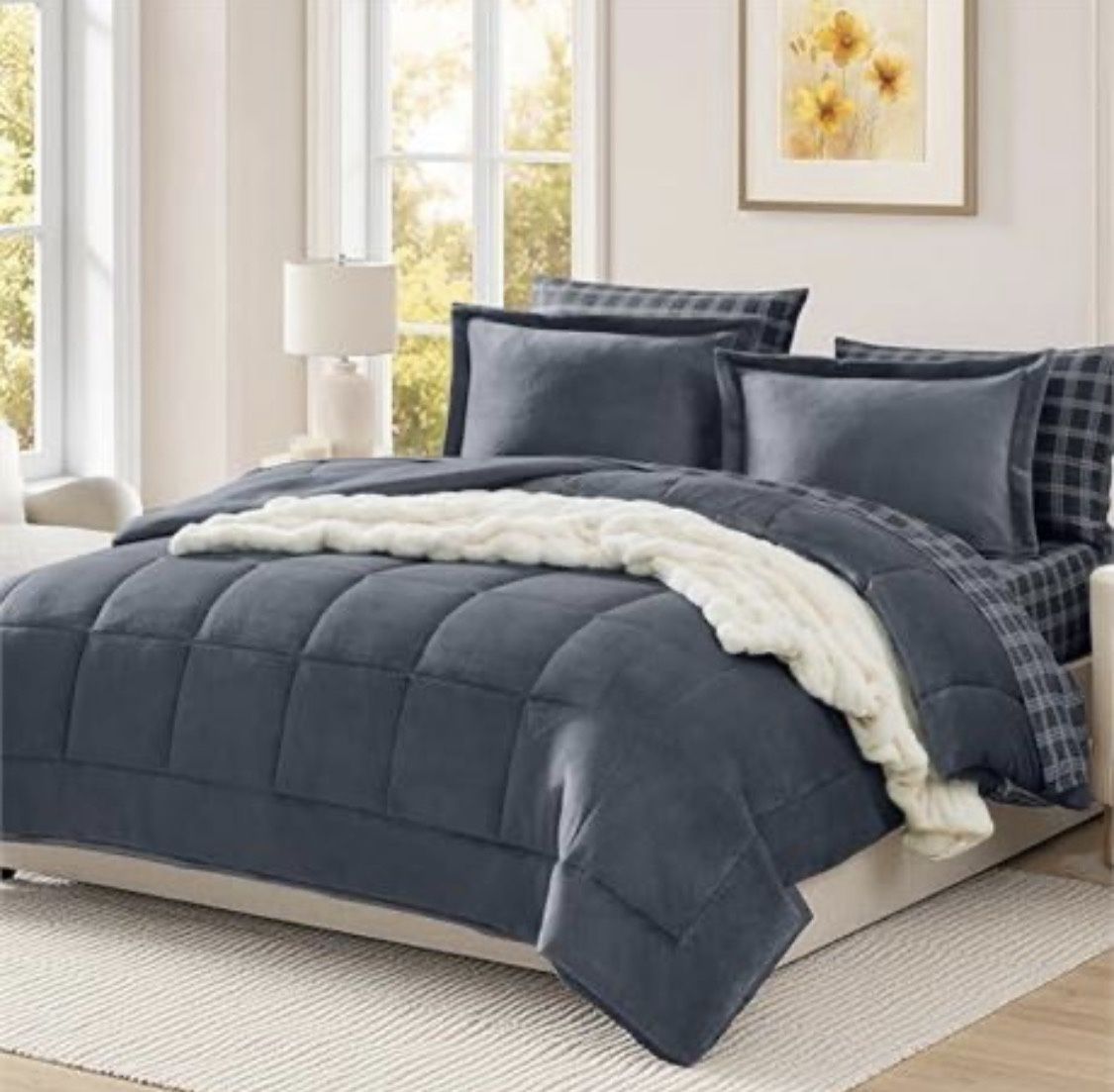 $60-7pc Velvet Queen Comforter Set Blue Grey, Flannel Velvet