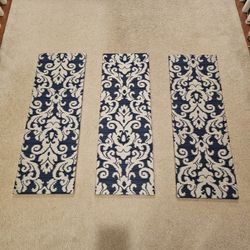 Nourison Damask Traditional Ivory/Navy canvas fabric wall art.