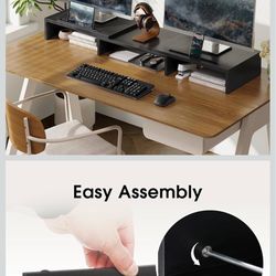 Monitor Stand with 2 Extra Phone Holder, Wood PC Laptop Computer Stands Riser, 3 Shelf Swivel Length Adjustable, Home Office Supplies Desk Organzier, 