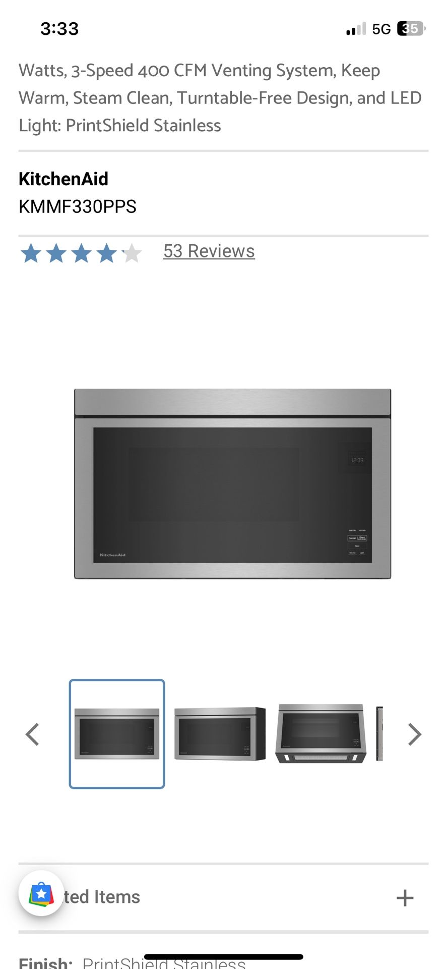 Kitchen aid Over The Range Microwave Oven