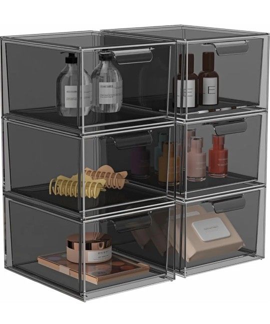 6 Pack Stackable Makeup Organizer and Storage, Acrylic Organizers,Clear Plastic Storage Drawer with Pull-Out Handles for Vanity, Undersink