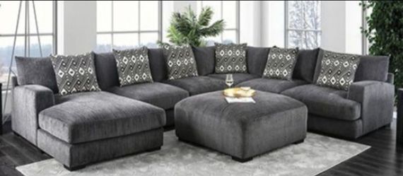 Brand New Grey Super Plush Chenille Sectional Sofa (Ottoman Sold Separately)(Pillows Included)
