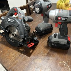Porter Cable 18 Volt Impact, Saw , Flashlight And Two Batteries