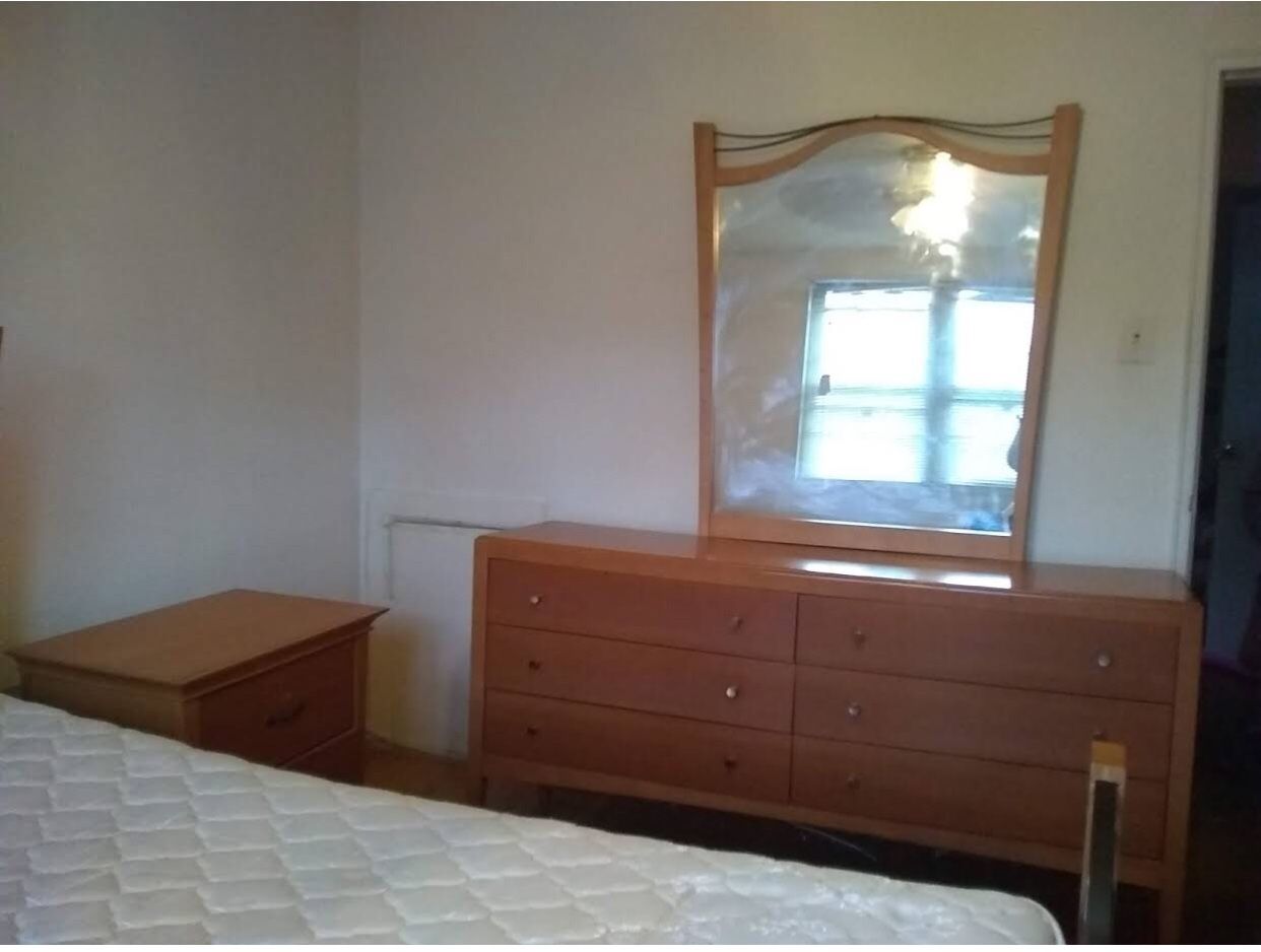 Bed frame,side desk ,dressing mirror.set is $300 . Bed set $100 and dresser is $150