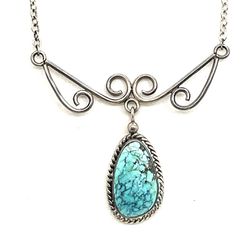 Vintage Silver Turquoise Pendant Necklace 