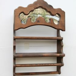 Vintage 70’s Handmade Wood Shelf & Towel Bar w Carved Mirror Push See More for All Info
