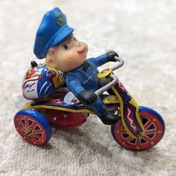 Vintage MTU Wind-Up Toy Cop on Tin Tricycle with Bell 
