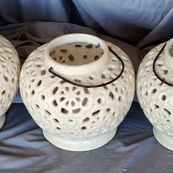Winter / Snowflake / Christmas Themed Ceramic Tea Light Lanterns - Set Of 3