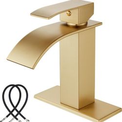 Midanya Waterfall Spout Bathroom Faucet Single Handle 1 Hole Bathroom Sink Faucet,Modern RV Lavatory Vanity Basin Tap with Water Hose,Short Body,Brush