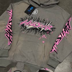 🔥 Hellstar Hoodie – Grey / Pink 🔥