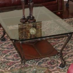 Table set of 3, Wrought Iron, Leather, Glass
