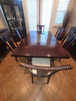 Modern Dark Wood Dining Table with Glass insert & 6 maching chairs
